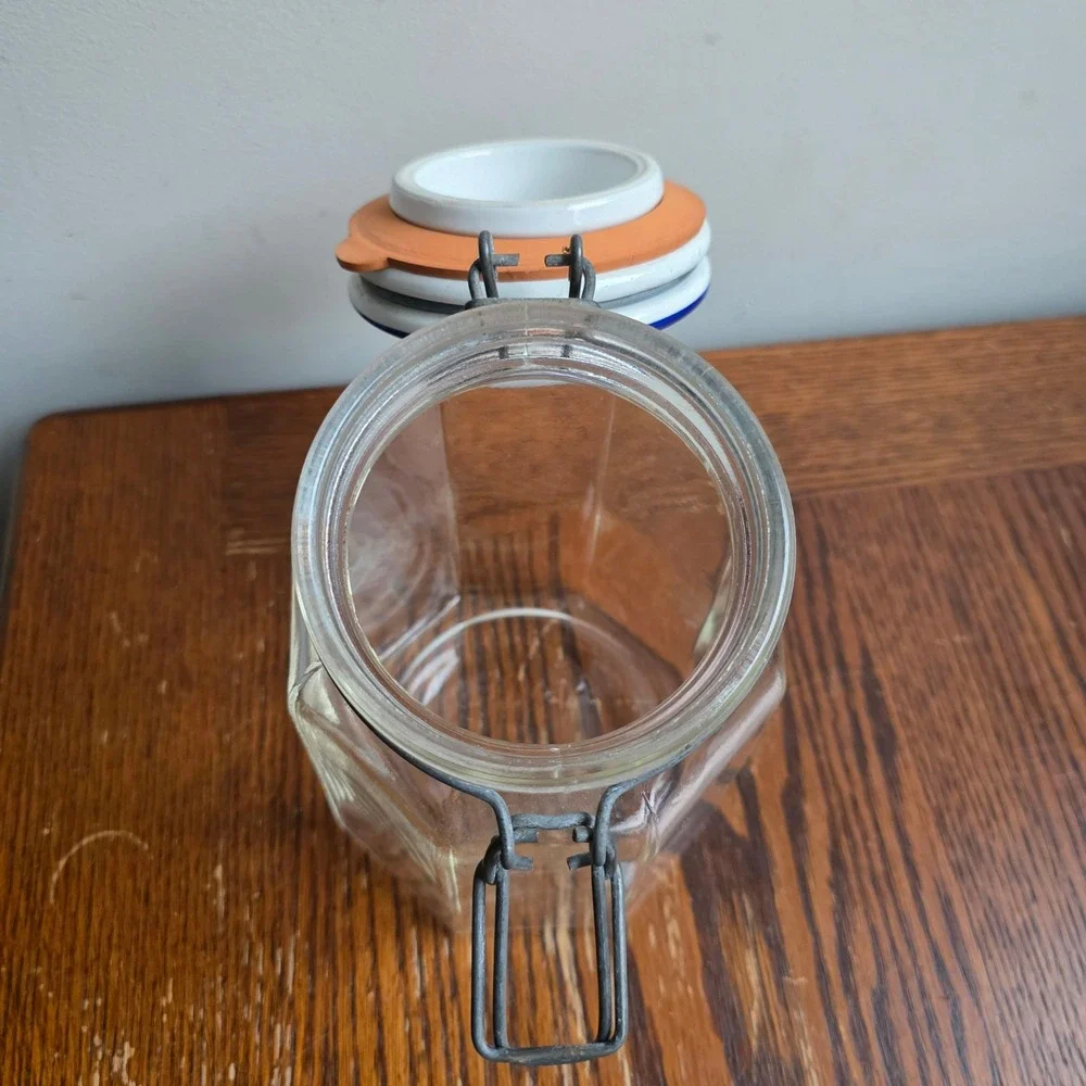 Vintage Italy Glass Goose Canister Jar Blue Geese Cottagecore Wire Bail Lid 7in